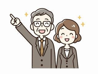 Casal sorridente de meia-idade em trajes formais apontando para algo com entusiasmo e sucesso.