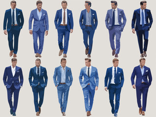 Coleção de homens em ternos azuis elegantes em diferentes poses e estilos.