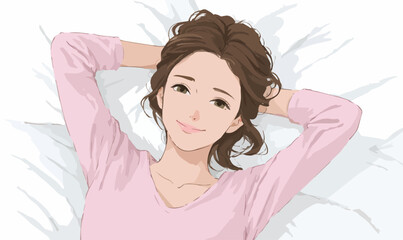 Mulher sorridente deitada em travesseiros brancos com as mãos atrás da cabeça