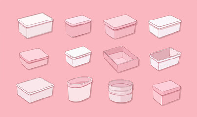 Conjunto de caixas de armazenamento de vetor em tons pastel com tampas, ideal para organização doméstica.