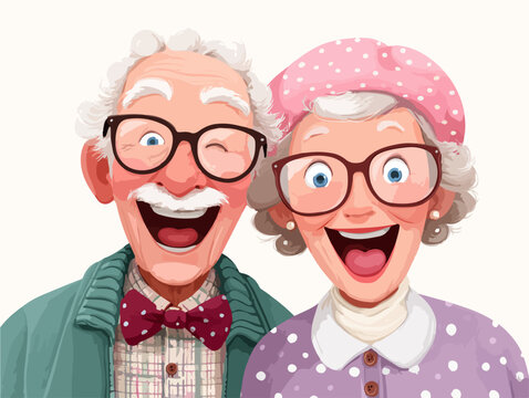Casal de idosos sorridentes e felizes com &oacute;culos, expressando alegria e vitalidade