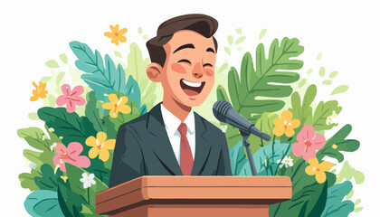 Homem sorridente discursa em púlpito decorado com flores e folhagens exuberantes