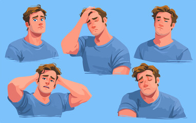 Homem expressa diferentes emoções de preocupação e frustração em ilustrações vetoriais.