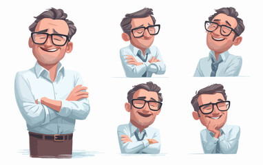Coleção de expressões faciais e corporais de um homem de negócios sorridente com óculos.