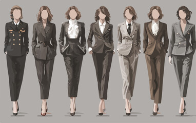 Coleção de mulheres elegantes vestindo ternos de negócios em diferentes estilos e cores