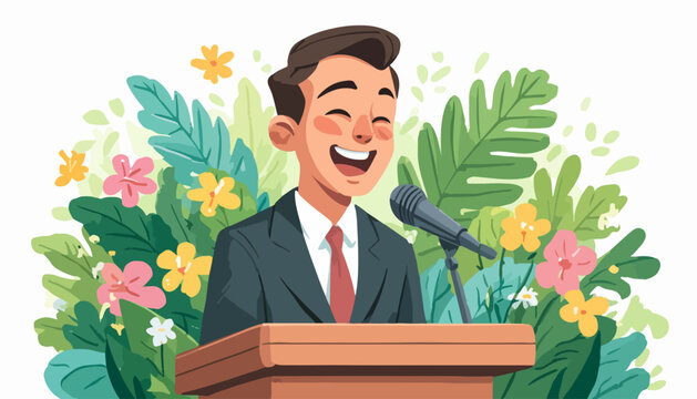 Homem sorridente discursa em p&uacute;lpito decorado com flores e folhagens exuberantes