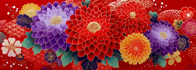 Um vibrante e intrincado padrão floral japonês, com crisântemos e dálias em tons de vermelho, roxo e laranja, ideal para designs decorativos e têxteis.