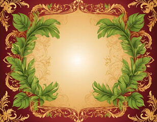 An opulent frame design featuring lush green tropical leaves layered over a rich, dark red and gold baroque border, surrounding a luminous central space.