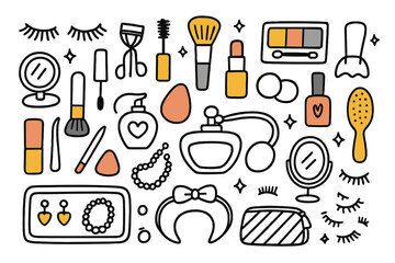 Colorful Vanity Essentials. Vanity makeup. Hand-drawn doodle illustration false eyelashes (colored), eyelash curler (colored), mascara tube (colored), makeup