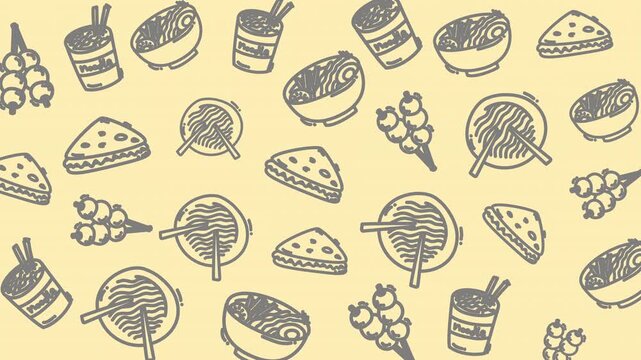 Seamless hand-drawn food pattern with sushi, burgers, and drinks on beige background, graphic illustration, flat lay, creative design concept