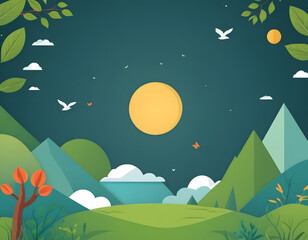 A stylized, nocturnal landscape illustration featuring geometric mountains and hills, a large yellow full moon, flying white birds, and overhanging leaves against a dark teal sky.