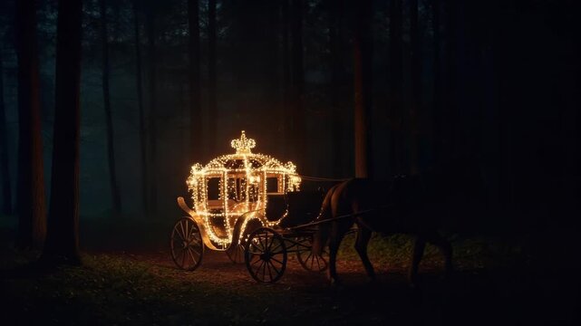 Glowing carriage illuminates enchanted forest path at night