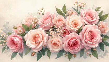 Naklejka premium Beautiful bouquet of pink roses, white flowers with green leaves. Romantic floral arrangement on soft pastel background for wedding celebration. Gentle blossoms perfect gift for anniversary birthday.