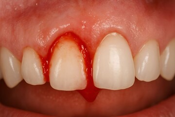 Inflamed and bleeding gum around a tooth. For dental care education, oral hygiene awareness, and medical illustration materials