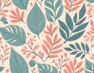 A contemporary, seamless pattern of stylized tropical leaves and branches in muted teal and dusty rose pink set against a pale cream background.