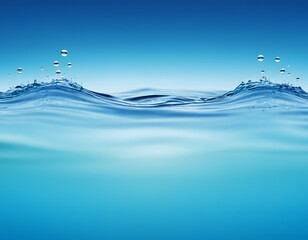A dynamic image showing a clean, clear blue body of water with a distinct waterline, small waves, and droplets splashing against a bright blue sky or background.