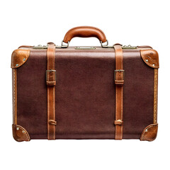 A classic brown vintage suitcase with leather accents isolated on a white background