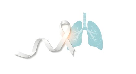 White awareness ribbon next to a stylized illustration of human lungs, symbolizing lung health and medical support.