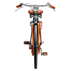 Front view of a vintage bicycle with an orange frame and brown saddle isolated on a white background