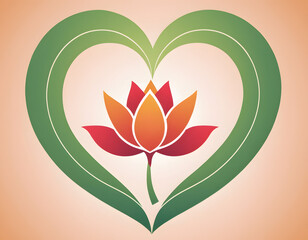 A simple, stylized graphic featuring a vibrant orange and red lotus flower centered within two green leaves that form a symmetrical heart shape.