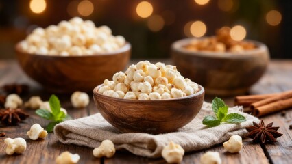 Traditional Indian Roasted Makhana (Fox Nuts) in Rustic Wooden Bowls, Featuring Spices and Herbs; Healthy Protein Snack