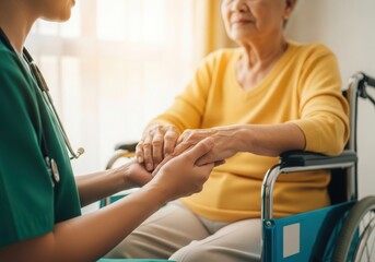 Obraz premium Nurse holding hands with elderly patient in wheelchair, showing care and compassion in a nursing home setting