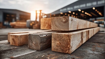 Close-up of stacked lumber at a lumberyard with a blurred background
