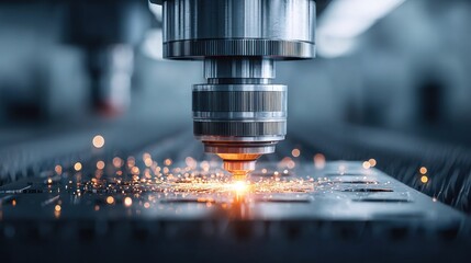 Laser cutting machine in operation, industrial manufacturing process