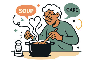 Cooking with Care. Elderly ? Cooking for One. A senior stirs a pot on an orderly counter; labels ?salt?, ?soup?, ?care? hover neatly. Steam curls