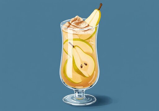 Refreshing Pear Cocktail with Slices and Whipped Cream on Blue Background.