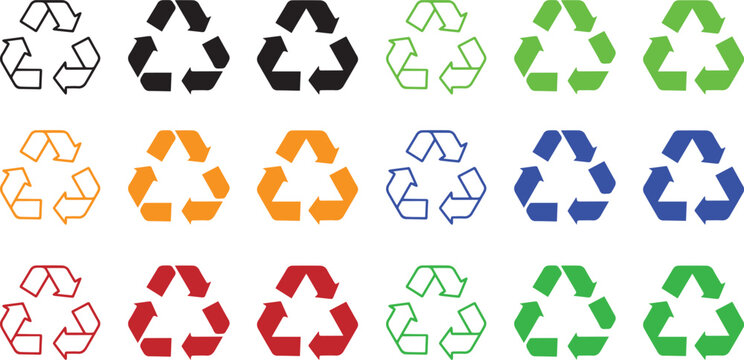 Recycling icon isolated on white background. Recycle flat symbol. Mobius loop.Recycling triangle symbols with arrows. Set of recycle symbols black green line and glyph Vector