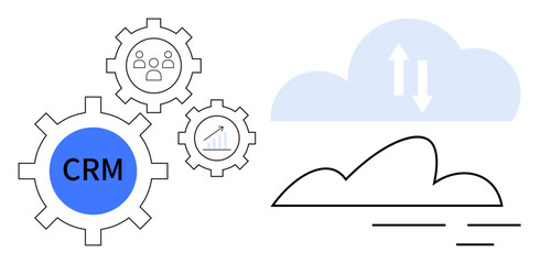 Gears with CRM, user, and analytics icons next to cloud storage and arrows symbolizing data exchange. Ideal for customer management, business strategy, cloud technology, data flow, automation