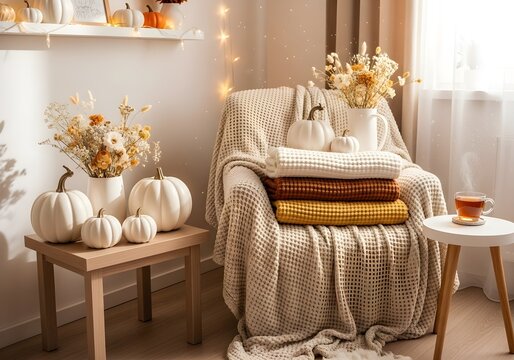 Cozy Autumn Corner: A warm and inviting scene, featuring an armchair adorned with soft blankets, pumpkins, and a cup of tea. It evokes the feeling of a crisp autumn day, and relaxing ambiance.