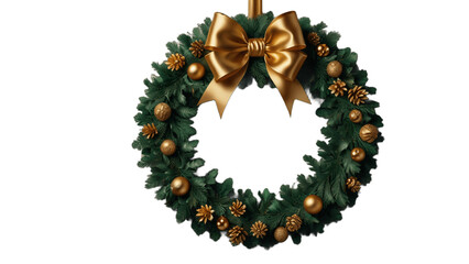 Festive Christmas Wreath with Golden Bow on Transparent Background