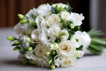 Obraz premium Elegant white flower bouquet with roses and lisianthus on a softly blurred background, creating a fresh and delicate composition for floral enthusiasts and event planners