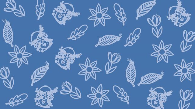 Seamless floral and leaf pattern design on blue background, digital illustration, graphic art, flat style, decorative natural elements