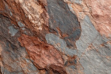 Obraz premium Textured stone surface showcasing shades of gray, brown, and red with natural patterns. Rough structure creates visual intrigue through depth and highlights of light and shadow