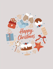 A New Years card template with the inscription Happy Christmas. Flat vector illustration of holiday attributes. Hand-drawn gifts, Christmas baked goods, socks,bow and mittens on a light background