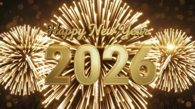 Golden happy new year 2026 celebration with sparkling fireworks background