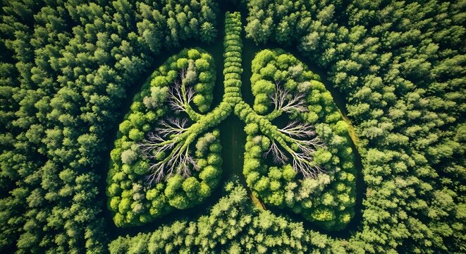 Aerial view of a lush green forest shaped like human lungs, symbolizing environmental health and the vital role of trees for clean air and the planet's ecosystem.