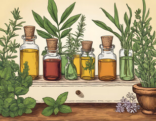 A detailed, hand-drawn illustration of essential oil bottles and fresh herbs arranged on a wooden surface, suggesting natural wellness or aromatherapy.