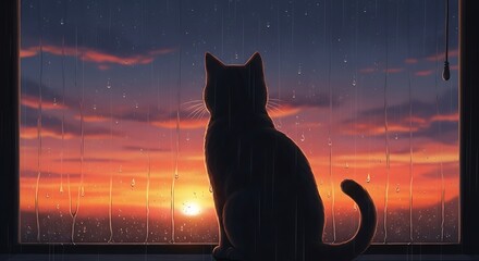 Silhouette of a cat watching a beautiful sunset over the city.