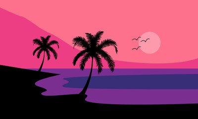 Tropical beach sunset landscape with palm trees silhouette and pink purple sky, minimalist summer ocean view illustration, exotic island evening scenery for travel design, background, 