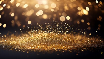 Fototapeta premium golden glitter sparkles on dark background with bright bokeh effect