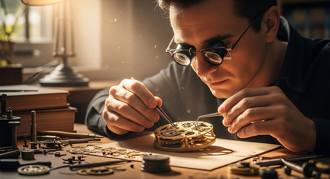 A focused watchmaker meticulously repairs a delicate timepiece with precision tools under warm lighting on a wooden table.
