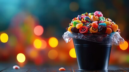 Naklejka premium A bucket of halloween candies with bokeh lights on a wooden table