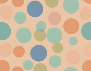 A lighthearted, seamless pattern of translucent, overlapping circles in muted tones of blue, mint green, salmon pink, and orange against a pale peach background.