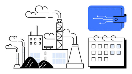 Factory emitting smoke, a digital wallet, and a calendar. Ideal for finance, industry, technology, planning, sustainability scheduling and innovation themes. Clean simple flat metaphor