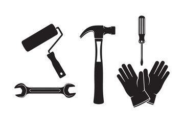 Black Silhouette Tools Icons on White Background Vector Set