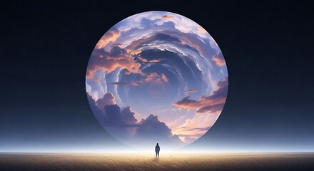 Surreal Silhouette Gazing at Celestial Sphere in Dreamscape.
